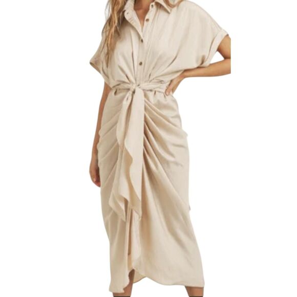 MABLE Cream Satin Drapey Elegant Corpcore Cocktail Button-Down Midi Dress M - Picture 2 of 16